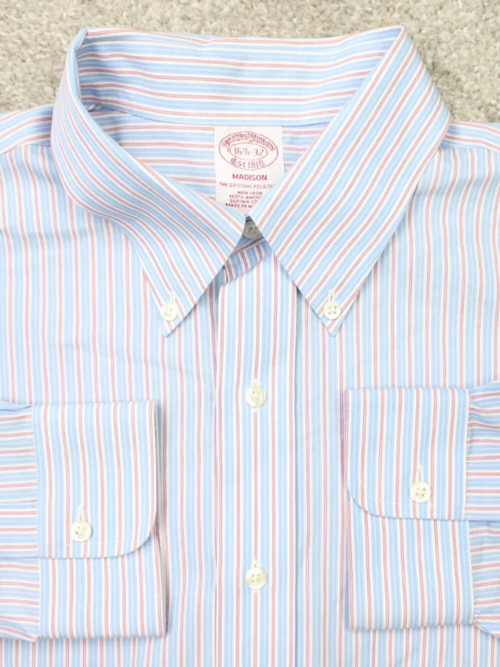 Brooks Brothers Shirt Men 16 1/2, 32 Blue/Red Madison Non-Iron Supima Cotton L/S